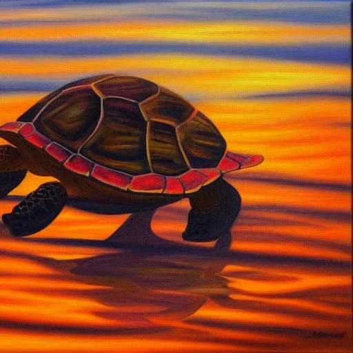 oil painting turtle and sunset