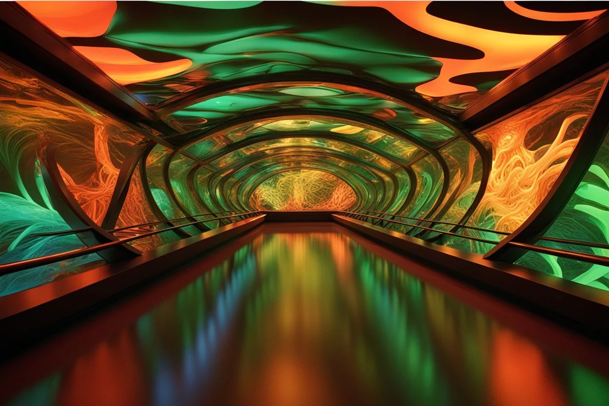 a futuristic glass bridge illuminated mesmerising;by architect "Science-Fiction",by artist "meltingness";by artist "3D textured embossed relief shadows"by artist "William Klein";steamnouveau;glitchcore"by artist "Dale Chihuly""