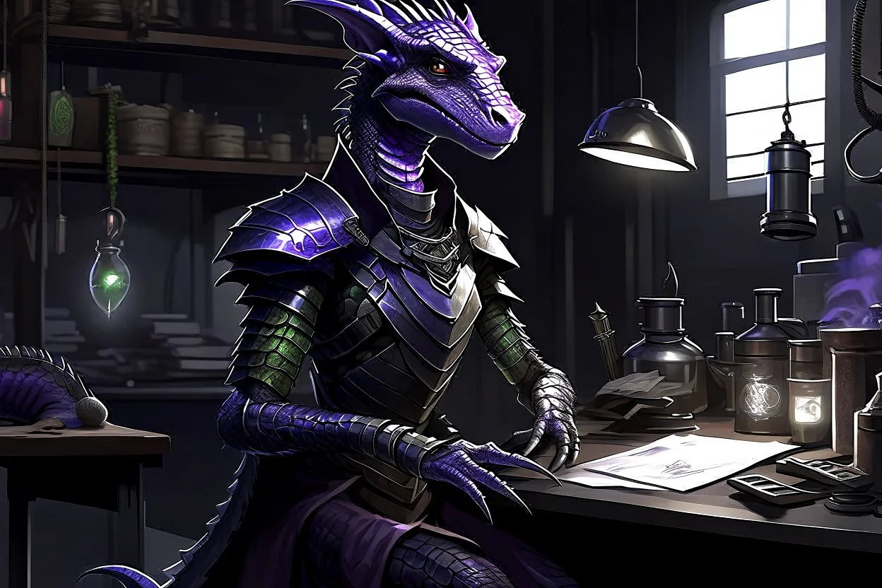 a black and purple, female argonian artificer who uses Tesla coils, skinny, lightly armored, sitting in her lab