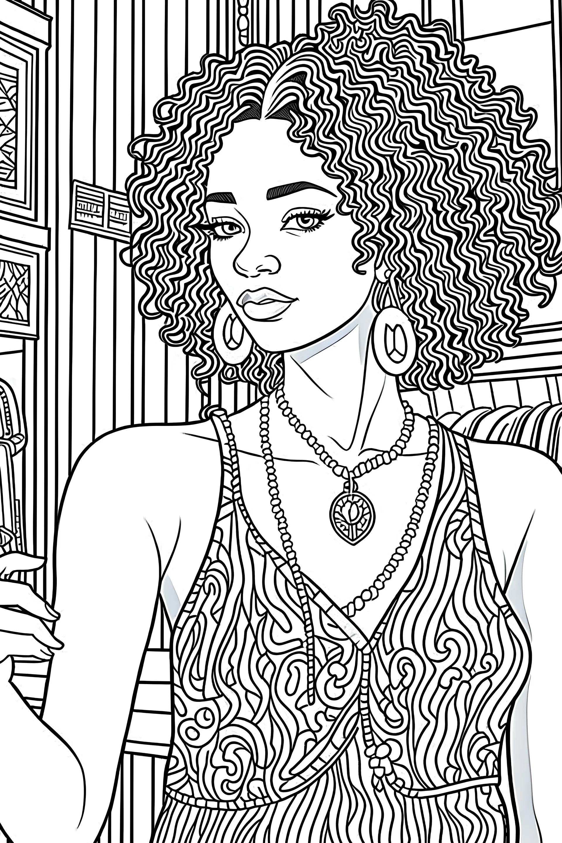 closeup Black & White coloring page beautiful Black woman white skin afro curly hair headband, flowy sundress getting ready to go out stylish dressing room, vanity table, clothing rack of stylish outfits. Art deco style, ultra detailed, inspired by Jamie mckelvie comic art, by jen bartel, Poster, 2D vector illustration, Vector art clean coloring book page, coloring book illustration, CLEAN LINE ART, FINE LINE ART, only draw outlines