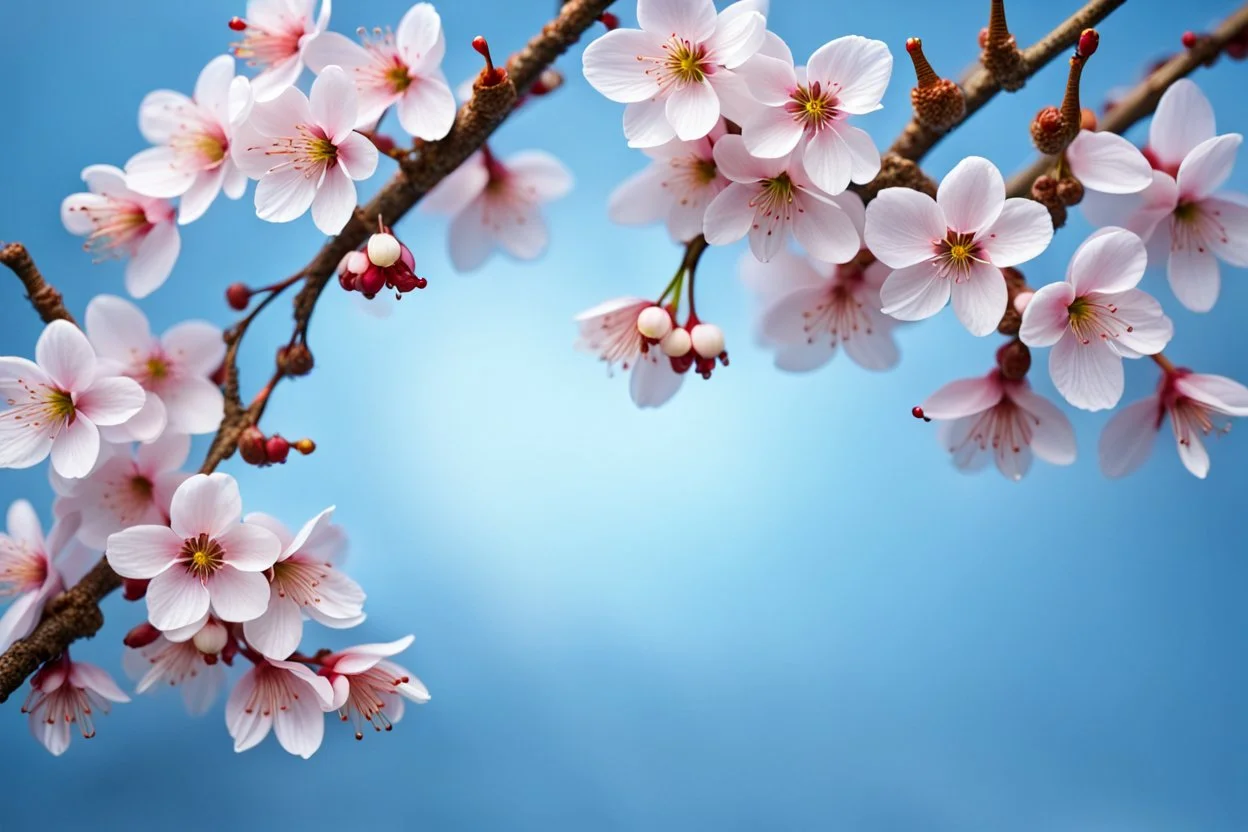 fantastic light pin blue background with four bunches of cherry blossoms