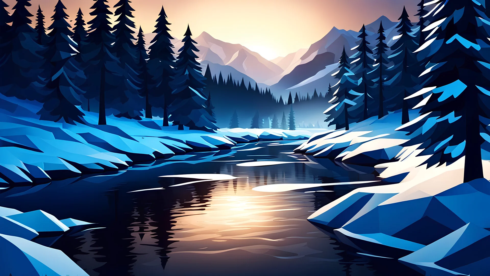 A picture of a winter landscape with trees and a river,dramatic scene,dark light,low poly