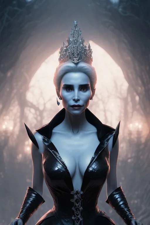 Constance Langdon as evil queen in black leather, busty, cleavage, angry, stern look. character design by cory loftis, fenghua zhong, ryohei hase, ismail inceoglu and ruan jia. unreal engine 5, artistic lighting, highly detailed, photorealistic, fantasy