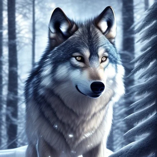 Wolf, ice, blue, forest, snow, beautiful, masterpiece, expert, 8K, hyperrealism, sharp focus, cinematic lighting