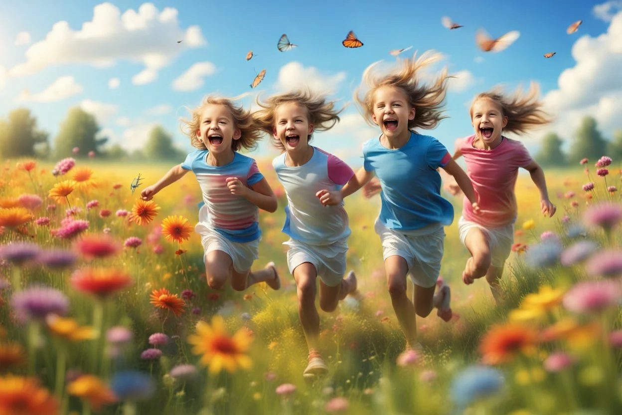 happy children run in the summer meadow, surrounding colors flowers, meadow, Happy and harmony vibe, blu sky and the little wind, high detailed, high realistic, sharp focuses, photorealistic, cinematic