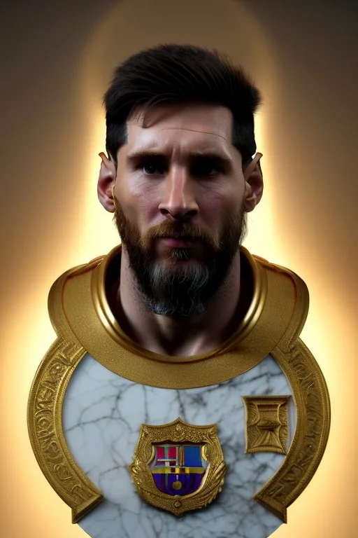 Realistic image, lionel Messi sculpture, white marble material with gold veins, gold laurel leaves crown, gold ornaments, Renaissance style, sun rays background, waist up portrait, epic, celestial, cinematic lighting, God lights, 4k resolution, smooth details, soft lighting, unreal engine 5, art station, substance 3d.