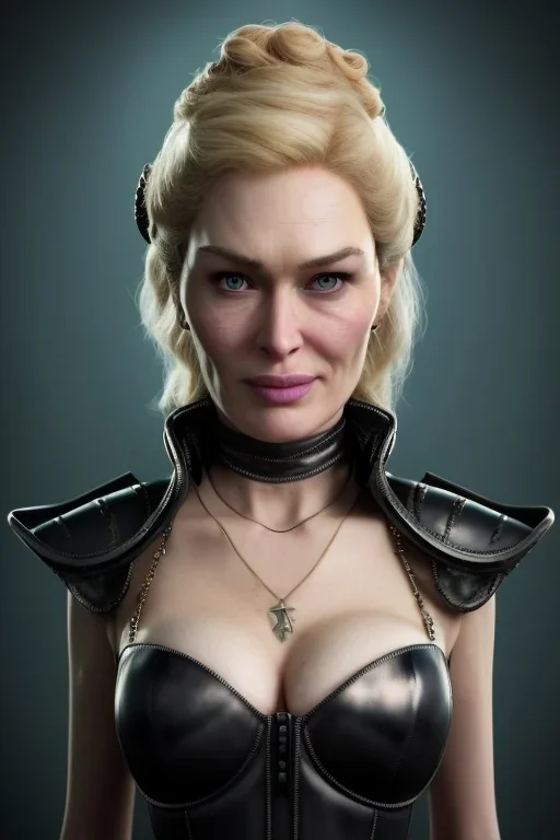 Cersei Lannister as evil mistress in black leather, dominatrix, bdsm, busty, cleavage, curvy, lena headay, angry, stern look. character design by cory loftis, fenghua zhong, ryohei hase, ismail inceoglu and ruan jia. unreal engine 5, artistic lighting, highly detailed, photorealistic, fantasy