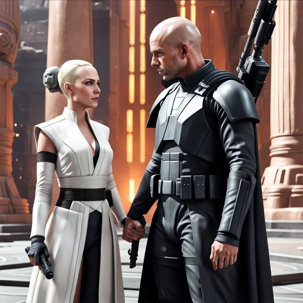 a bold and heroic bald male Corellian pilot in black and grey First Order special forces gear meets a female Jedi Master in ancient, mystical temple, hyperdetailed, dynamic lighting, hyperdetailed background, 8k resolution, volumetric lighting, light skin, fully symmetric details