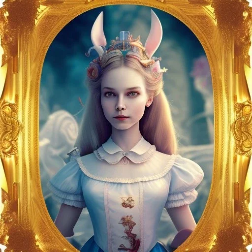 whole portrait of "Alice in the wonderland"in a gold frame rinassence style,Award-winning,dressin Disney style, detailed eyes, Realistic lighting, cinematic lighting, octane render, 8k ,elegant,smiling, by Chie Yoshii,Brian Kesinger,Gediminas Pranckevičius