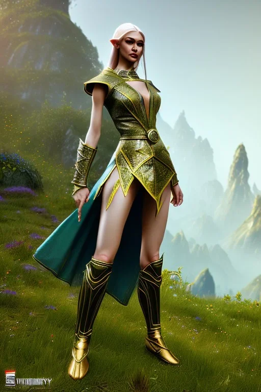 elven young woman, wearing light dress, visible ultradetailed cute femine face, visible and armonious legs feet and hands, luminous weather, field in the mountains, realistic 3d render, mortal kombat style, unreal engine