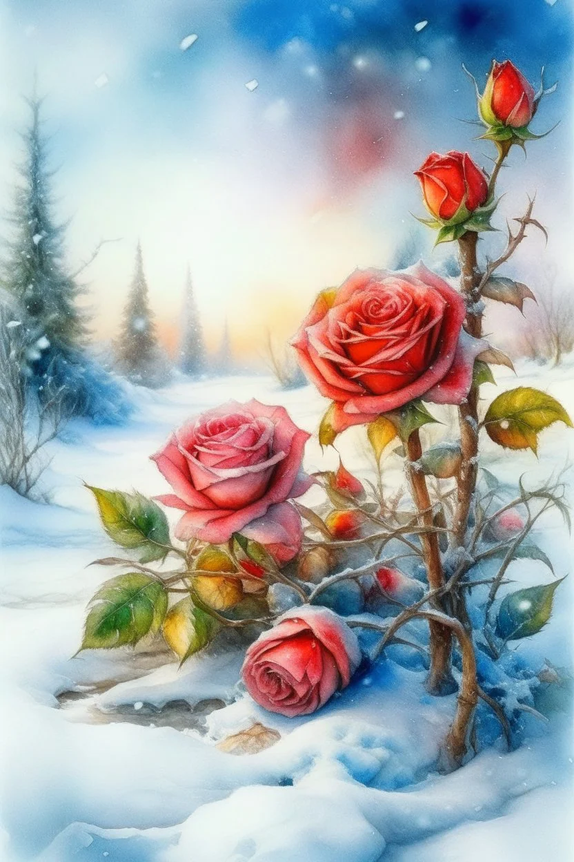 magic Winter landscape, blooming roses in the snow. Jean-Baptiste Monge style, watercolor, ink. Picturesque and colorful. Bright colors of the ring exquisitely luxury chic aesthetics photo harmony professional photo 64K pixel graphics high detail bright lighting