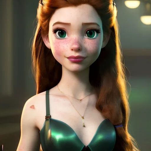 Disney cartoon style, hyper detailed, strikingly beautiful teen female, 16 years old, long ponytail, ginger hair, green eyes, medium freckles, full lips, micro top, black leather armour, full body, full face, tiny breasts, full frame, athletic, centered camera, ignore NSFW, thong, camel toe, petite