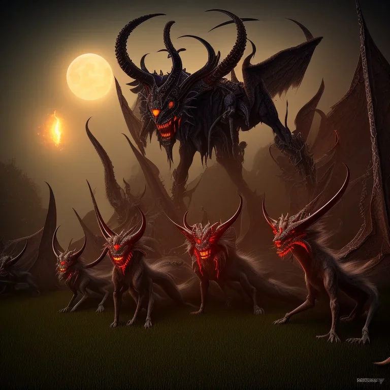 daemons waiting in front of fence, epic, dark, best quality, high resolution,