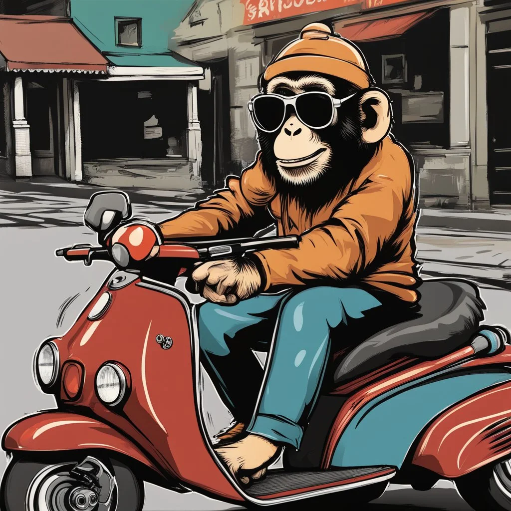 Monkey riding a scooter with sunglasses, cartoonize