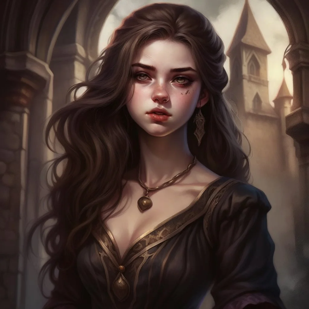 pretty girl, young, brown hair, conventionally attractive, tight top, curvy, fit, necromancer, sorcerer