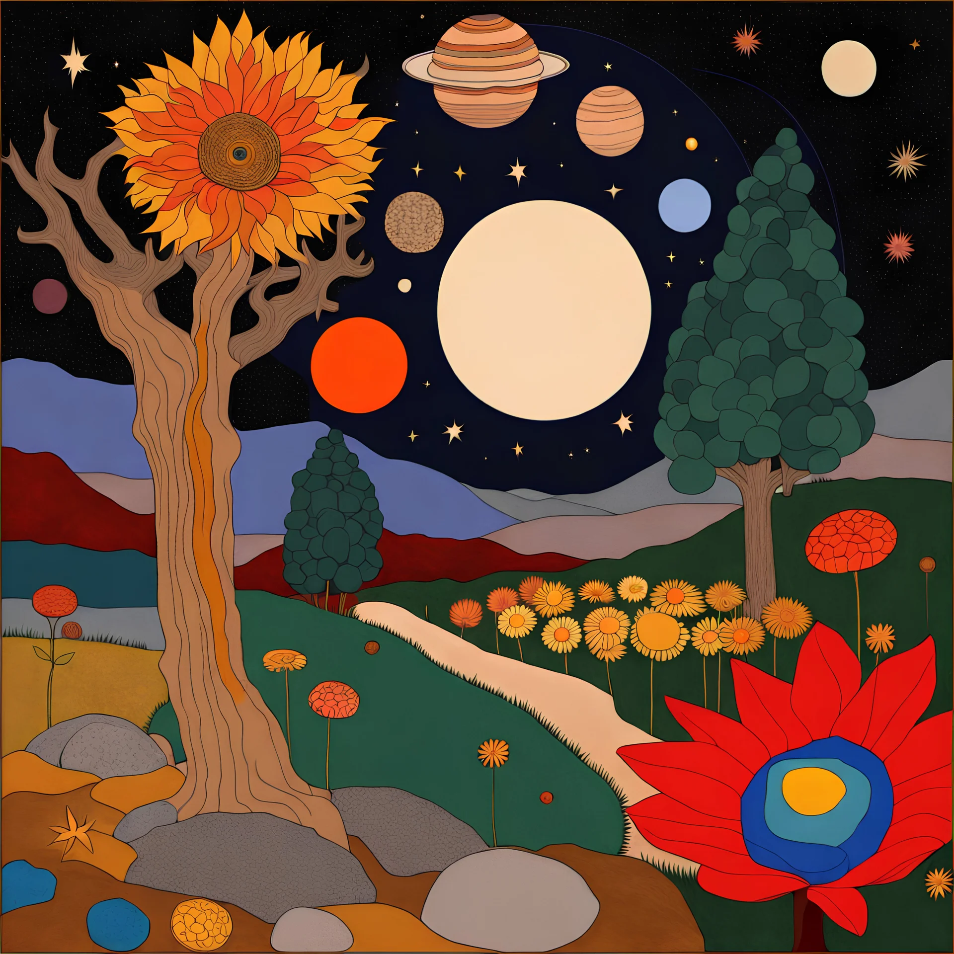 Colourful, peaceful, Max Ernst, Gustav Klimt, Egon Schiele, night sky filled with planets and stars, trees, rocks, giant flowers, one-line drawing, sharp focus, 8k, 3d