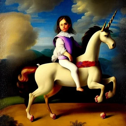 Retrato de una niña muy guapa llamad Dalia Santiago Arnau montando un unicornio con el estilo de Diego Velázquez