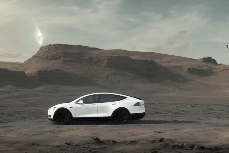 A Tesla 'Model Y' is drifting at high speeds, at the lunar landing site of the 'Apollo 11'. (CINEMATIC, WIDE ANGLE LENS, PHOTO REAL)