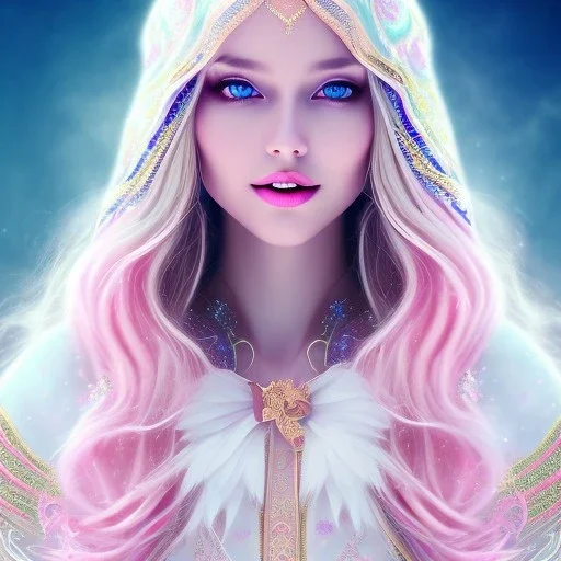 beautiful, soft, big smile face, whole head, long straight blonde hair blues eyes, crown on the head, clothing in transparent bluish and pink veil, background brillante bluish and pink, hight definition, 8K