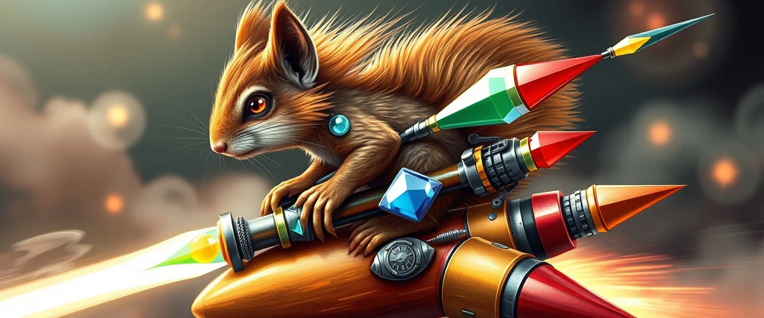 hairy macho gremlin squirrel living in a hi tech marvellous hot dog art graphics and gems on rocket with a mounted sling shot mega harpoon, heading for venus , background motion blur and smoke swirls