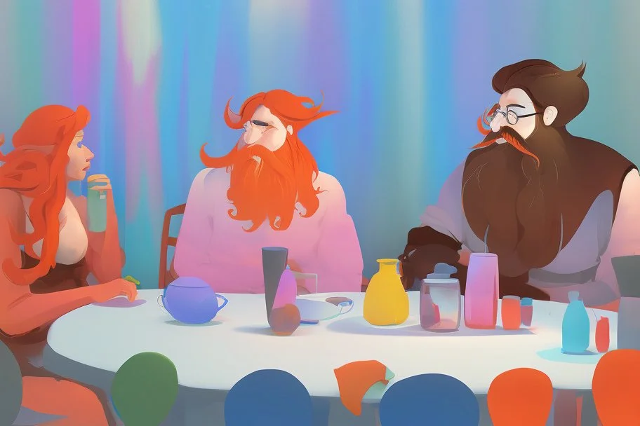 whimsical colorful cartoon ink and tint, 4 people sitting conversating at table, semi overhead view, relaxed, social, various drinks, glasses, bottles on table, 2 men with black beards, 1 woman with red hair in elegant dress, another man with blue hair listening. The background features abstract shapes and muted pastel colors, whimsical vibe, neanderthal influence