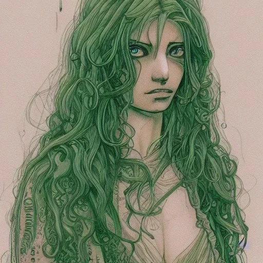 sad girl, long hair, beautiful, high details, tatoos, short dress, curly hair, green hairs, sitting on a chair, raining, cyberpunk, style of milo manara