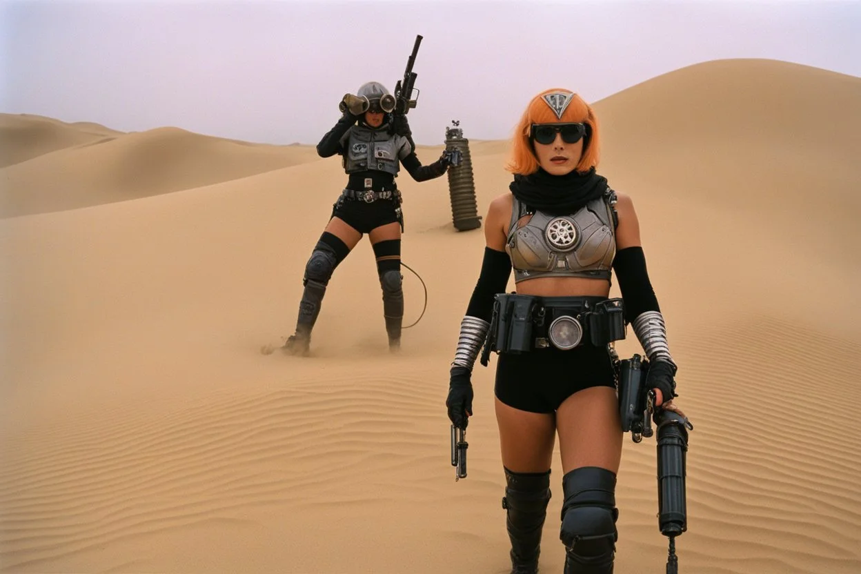 Dune movie by Russ Meyer, psychedelic tattooed Tank Girl in technical Stillsuits with tubes and binoculars: she is lost in the dunes with Judge Dredd