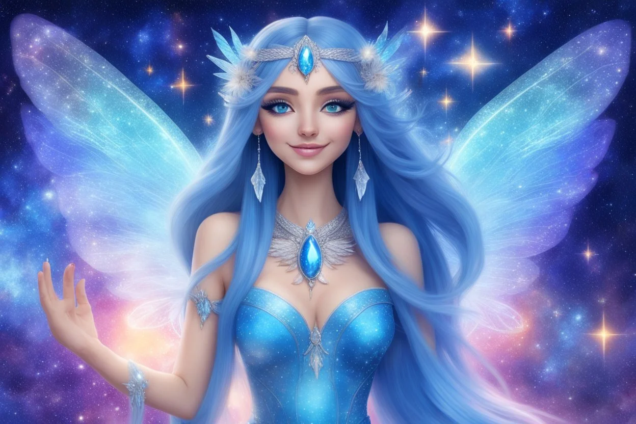 A beauty Fairy women with long blue straight hair, with a beautiful face, and Blue big eyes. She has Crystal wings and sweety elegant smile.She Is a magic sacred dancer in cosmica ceremony..the background Is a magic coloured bright galaxy, with a stars. She Is so fine gentle and with grace