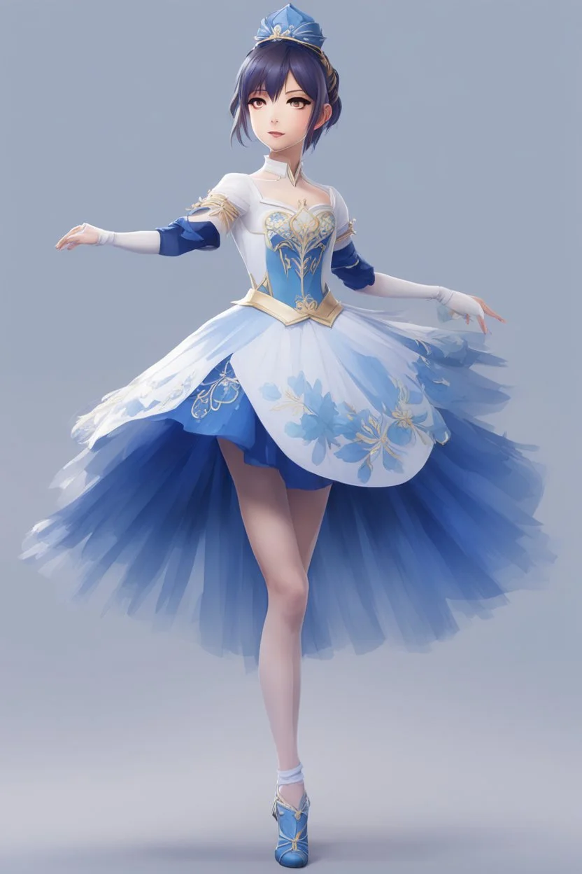 ballerina outfit, blue tones in the style of genshin impact