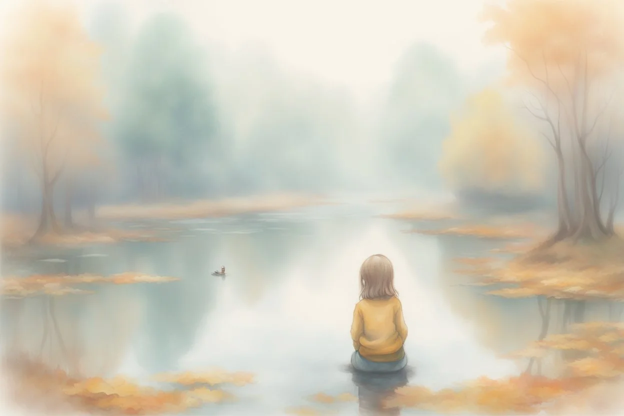 a cute chibi girl is sitting with her back to us, we see her playing tetris on a big screen, in van gogh style in on a misty morning. over a misty pond in the hieght of fall. Watercolour by Alison Brady. Pastel colours S<AI in sunshine, ethereal, otherwordly, cinematic postprocessing