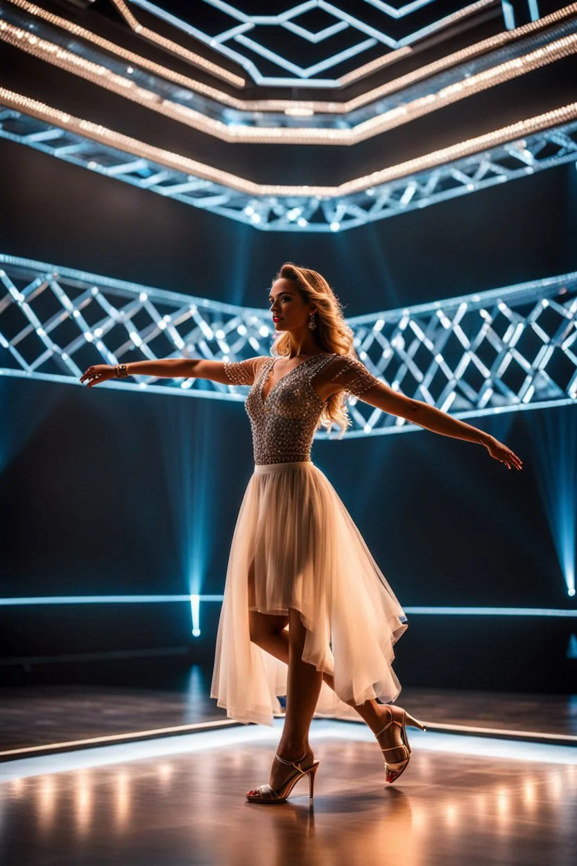 stage inside of a 3d crystal hexagon lovely light reflections ,full body shot of very beautiful lady skirt and bluse , Braided hair ,dancing in stage in the crystal cube pretty makeup,full cube shot