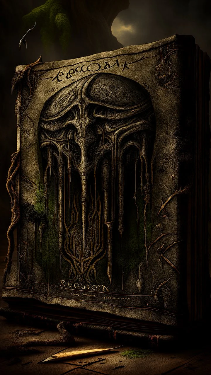 A book with cover written on it “ THE BOOK OF ENOCK” with old leather cover and cracks , Bosch painting style