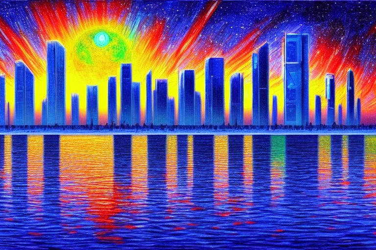 Science fiction Cyberpunk buildings, exoplanet, lake, impressionism painting