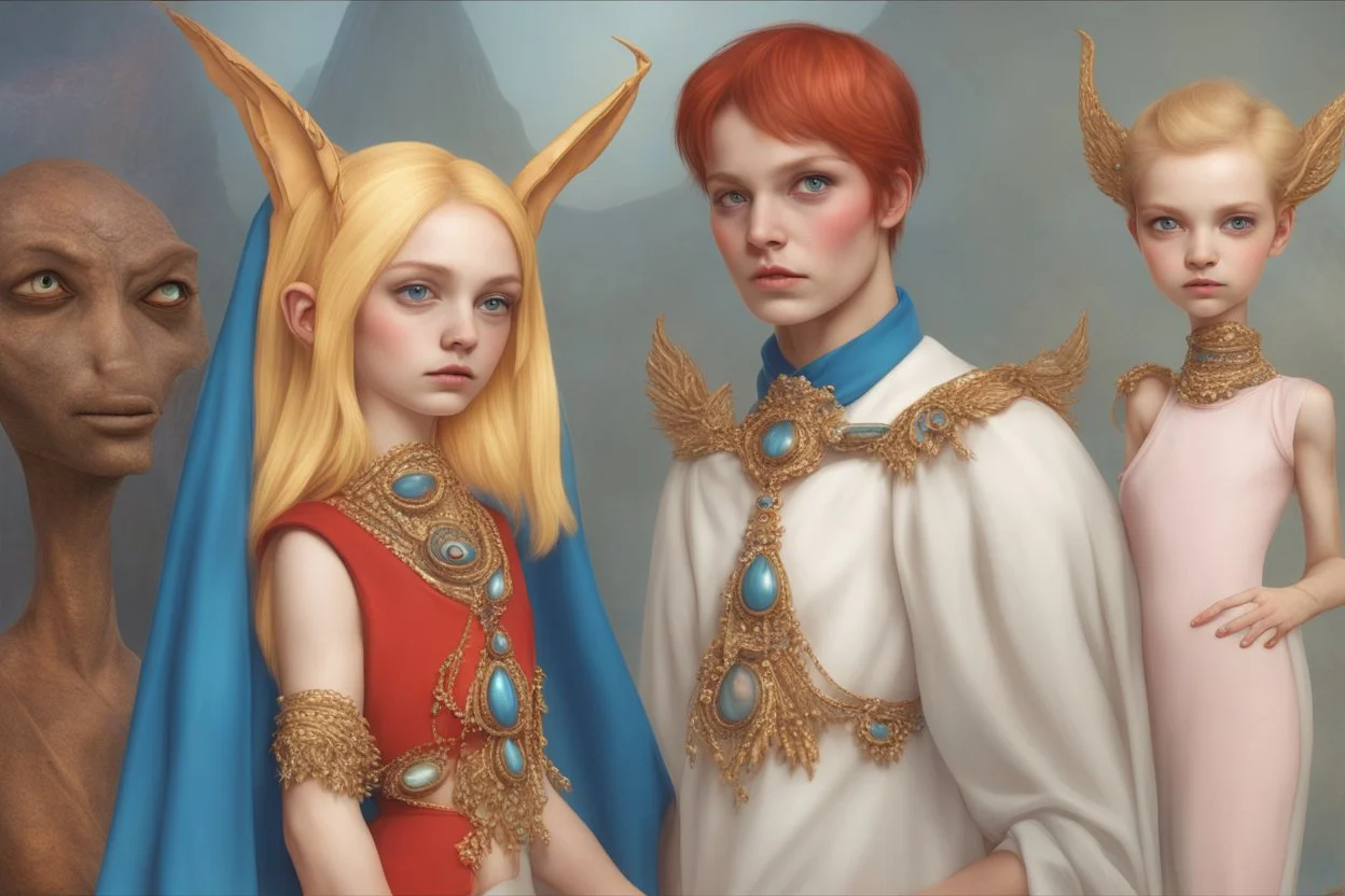 { mature woman, young man, little girl } with { red, blue, amber} skin looks like an alien, long neck, ear like bat wings, big eyes, beautiful, little hair, royal with jewlery, photorealistic, elongated head, skin decorations --v 6