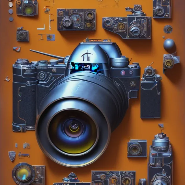 components of the camera laid out flat. poster design. high detailed. oil on canvas.