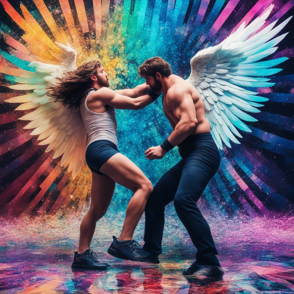 [Shattered high res photo by multiple contrasts psychedelic pixels , distorted colours, double exposed] Jacob wrestling with angel