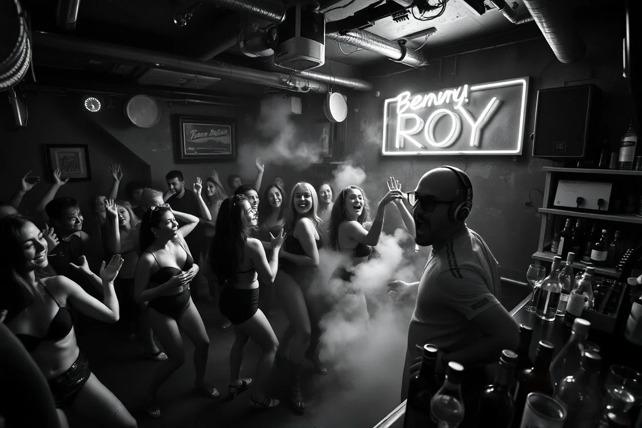 dans golv på en nedsliten sunkig techno club, många personer som dansar, yppiga kvinnor, scen rök och ljus strobes, svartvit bild, en del personer ser in i kameran och skriker: "Benny!" och en Neon Skylt med texten "DJ ROY" på väggen, DJ Roy skriker rätt in i kameran, öppen mun, mycket flaskor och glas i baren