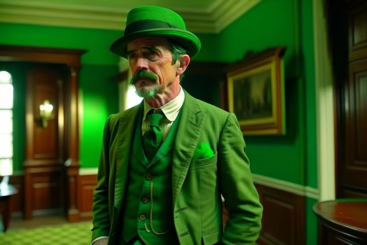 ww1 rich archeologist with green suit talking close-up standing up looking to the camera, inside mansion room background, normal collor pallete