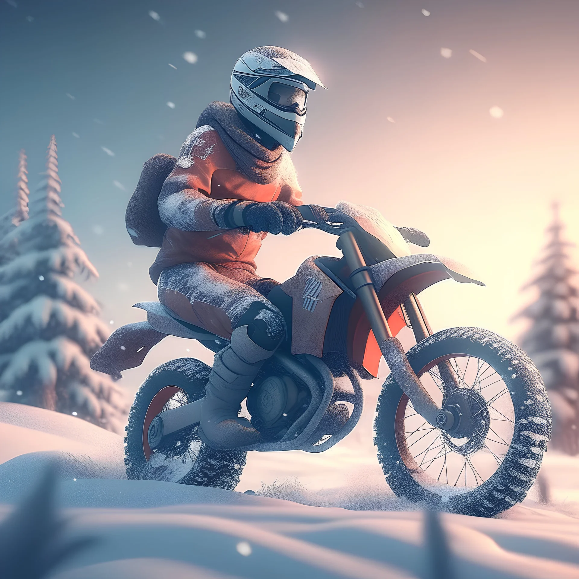 Lo poly rendering of a Motocross rider in the snow at Christmas time