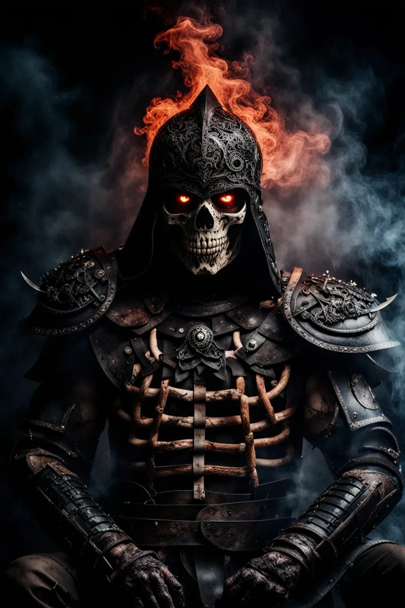 an insane warrior with his chest made of bones and eyes made of smoke. dark horror setting. terrifying horror backgrund. blood, guts, gore. visceral.