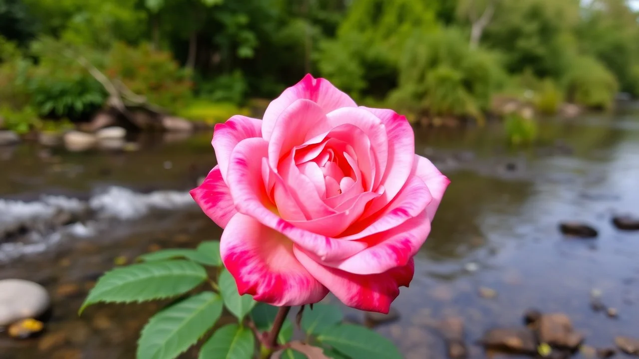 A Realistic Beautiful Rose With Pink And Red Petals In It On Nature Riverside Background.