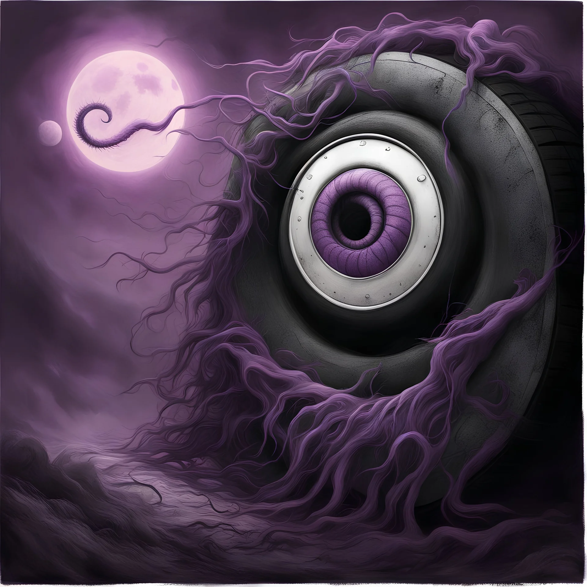 "Beast About", Lets get higher Tie one on and burn a tire Drag you back to wake me up, by Anton Semenov, by Stephen Gammell, by Victor Pasmore, Blackgaze album cover illustration, scary purple and lavender complimentary shades, octane render, by Wes Benscoter, gritty, weird, volumetric lighting, purple metal, abstract images