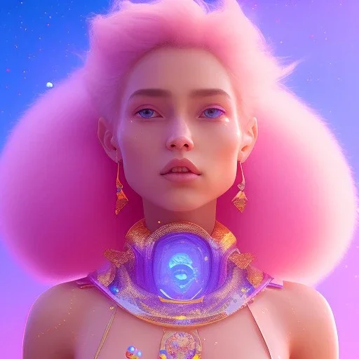 A portrait of a crystalised blue pink extraterrestrial, gold, diamonds, sunny background, atmospheric, realistic, unreal engine, 8k. Cinematic lighting, octane render.