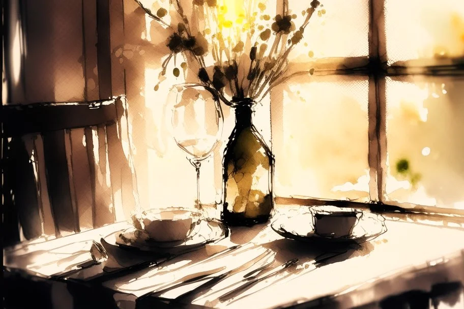 A table in a nice restaurant next to the window, meal, wine and flower on it, melting watercolor and black ink outlines on wet paper, soft, shading strokes, in sunshine, ethereal, otherwordly, cinematic postprocessing, bokeh, dof