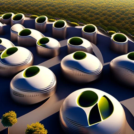 Complex of ten oval cabins, Zaha Hadid style, aerial view, ultra quality, hyper-detailed, digital art, 8k 3D, trees, parking lots, people