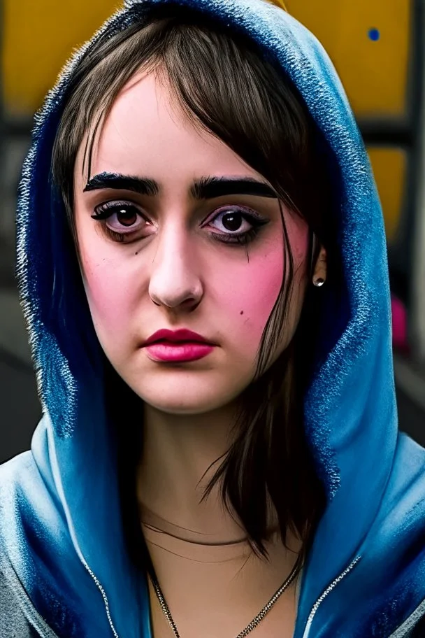 1girl, hoodie, arm tattoo, portrait, asymmetrical bangs, bandaid, short hair, bangs, breasts, freckles, grey eyes, large breasts, looking at viewer, neck tattoo, nose piercing, pink hair, scar, scar on face, solo, tattoo on face, upper body, detailed background, town, alley, dark alley, portrait, hood on head, night, angry, close up, closed mouth, , ((masterpiece)), absurdres <lora:arcane_offset:1>