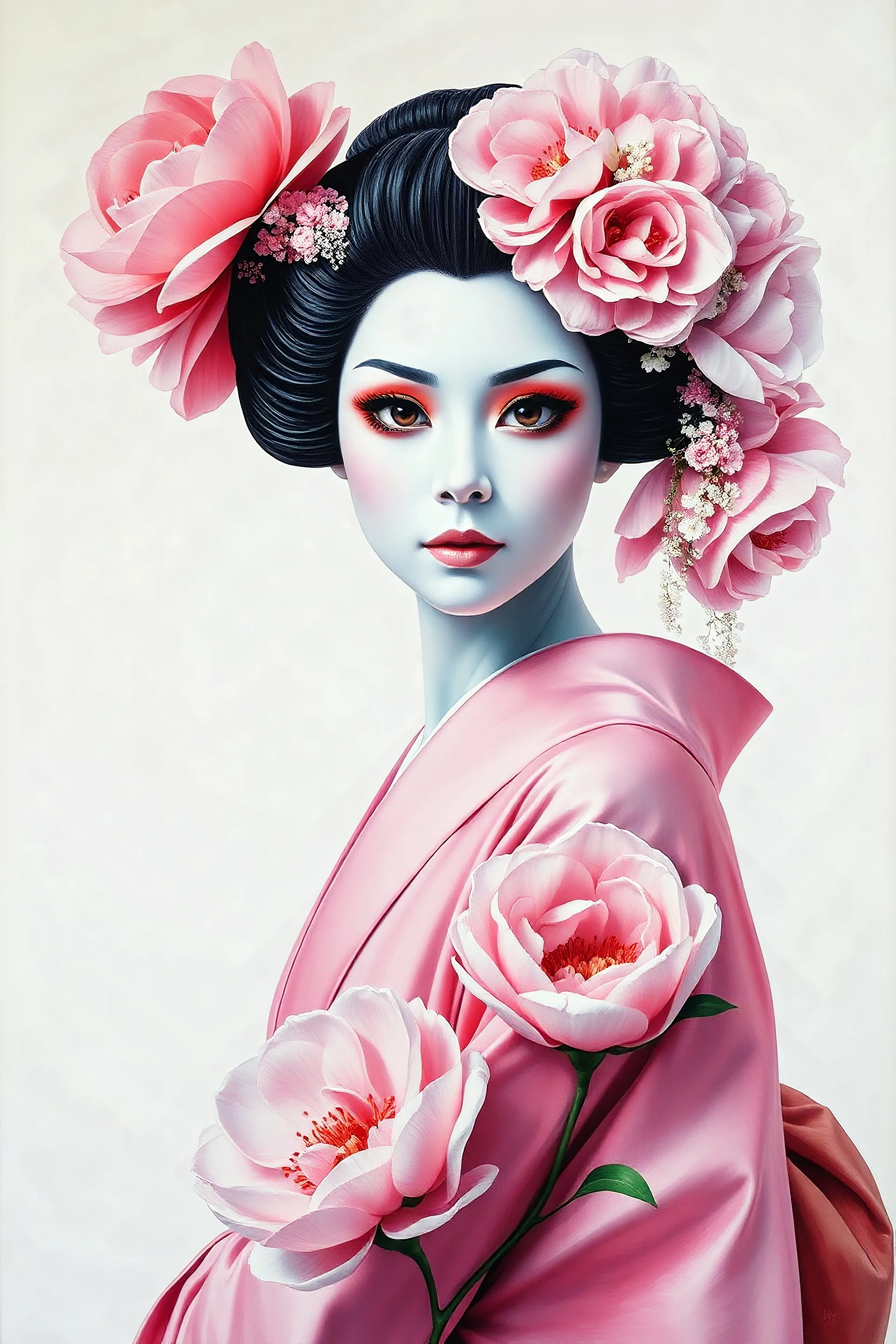 art by cheryl griesbach, carne griffith, victoria Frances, alex prihodko, oil on canvas, full half body,an relaxed standing front view,,hyperdetailed beautiful charming geisha in a vivid radiant long colorful shades of light pink clothes, delicate beautiful white masked face, perfect eyes, peonies,glamorous, gorgeous, delicate, isolated from a simple white background