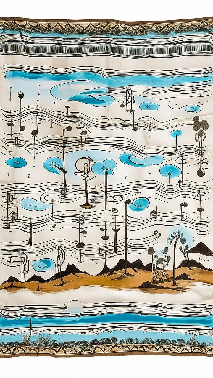 A white cloudy sky with icy music notes designed in Navajo woven art painted by Salvador Dali