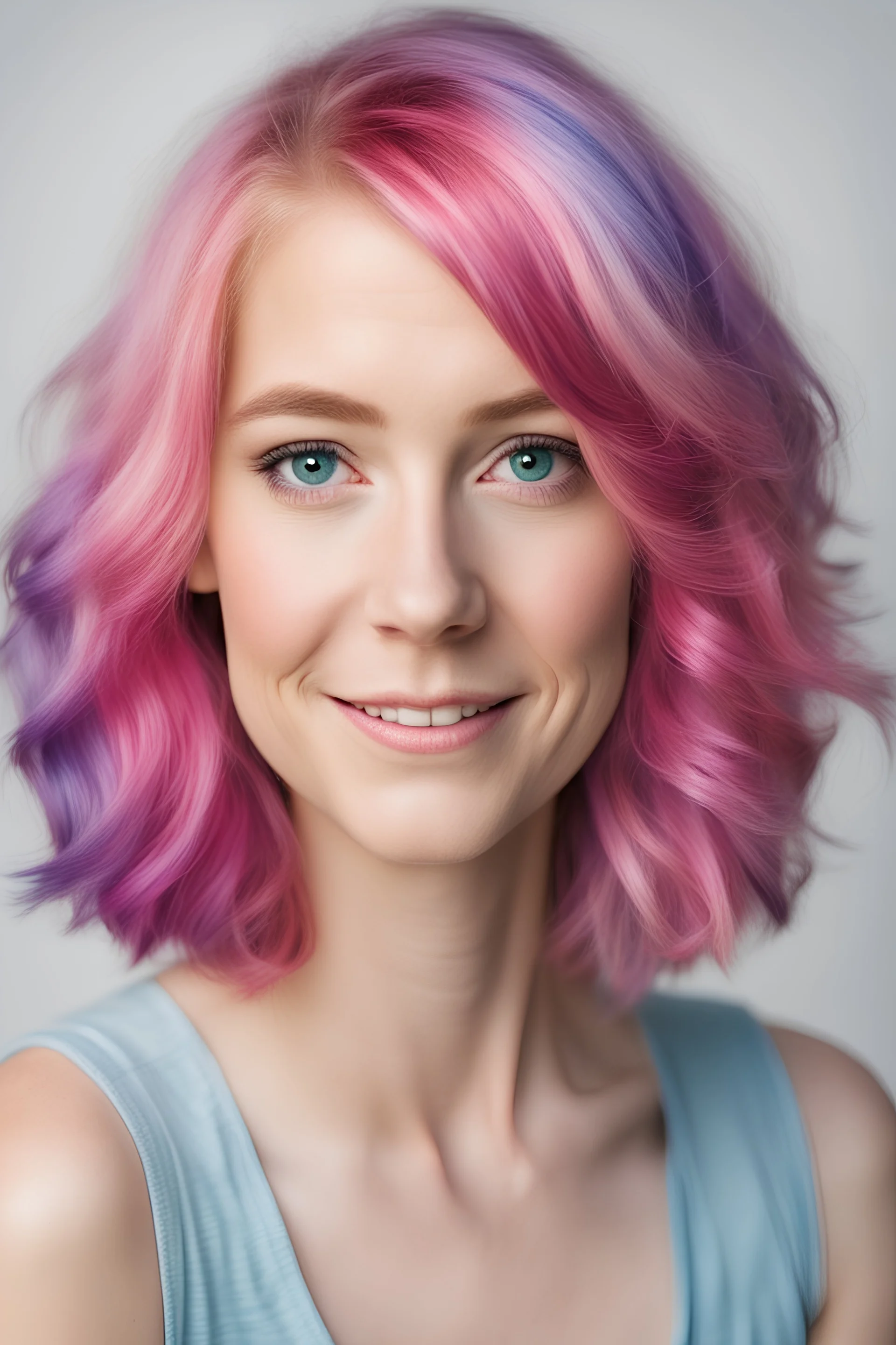 a portrait of a cute girl with colored hair in her 40s