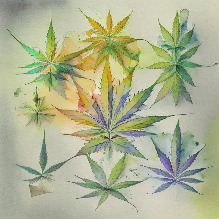 Generate an asymmetrical arrangement of weed joints, each placed in different quadrants of the canvas, with subtle variations in size and orientation. watercolour sketch